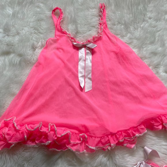 NWOT Victoria's Secret Pink Sheer Mesh Babydoll Set lace ruffle trim, bows Large - Picture 10 of 14